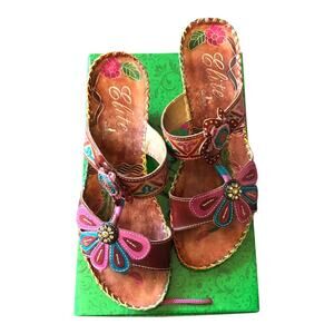 Elite By Corkys Jamaica Brown Multi Floral Leather Sandals Women's Size 9